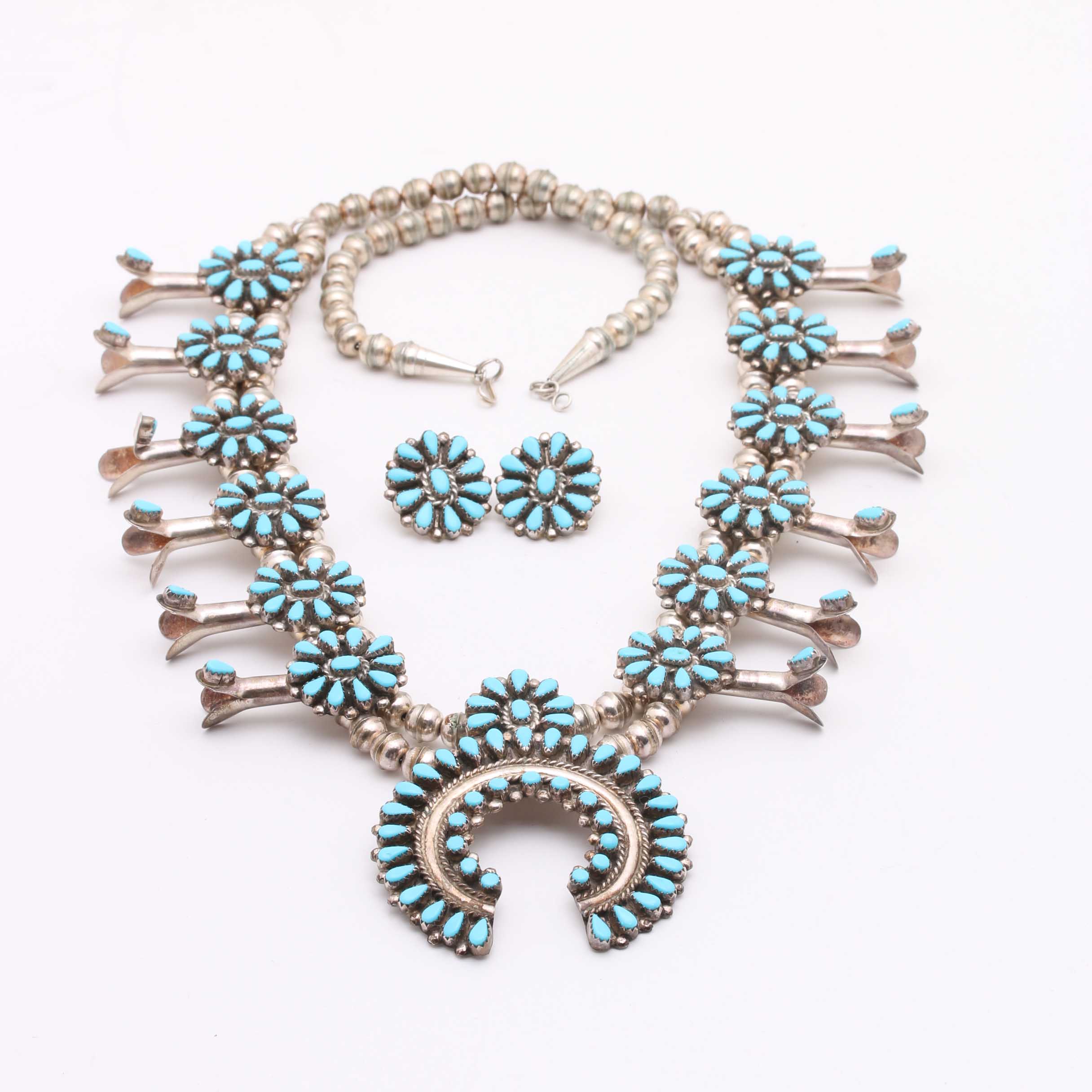 Sterling and Turquoise Squash Blossom Necklace and Earrings