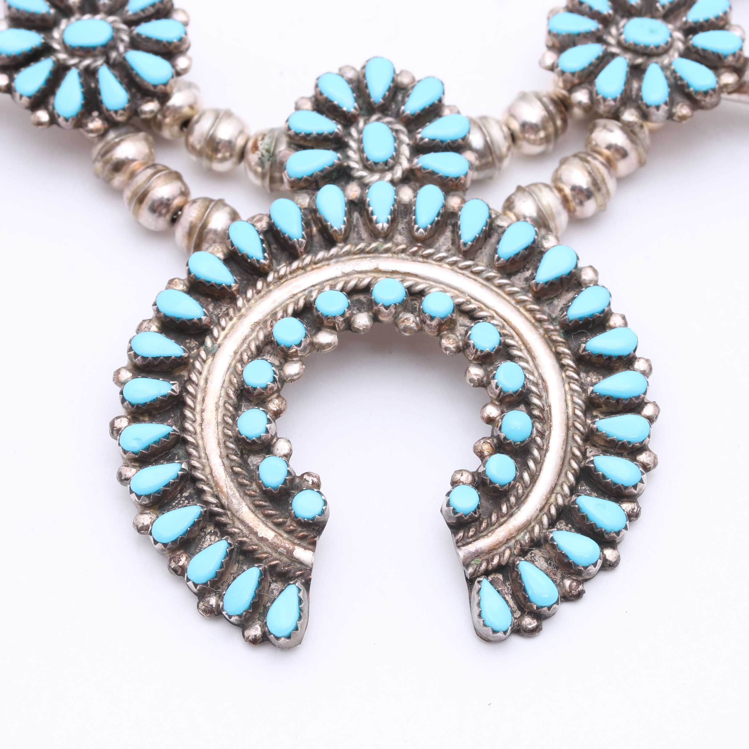 Sterling and Turquoise Squash Blossom Necklace and Earrings