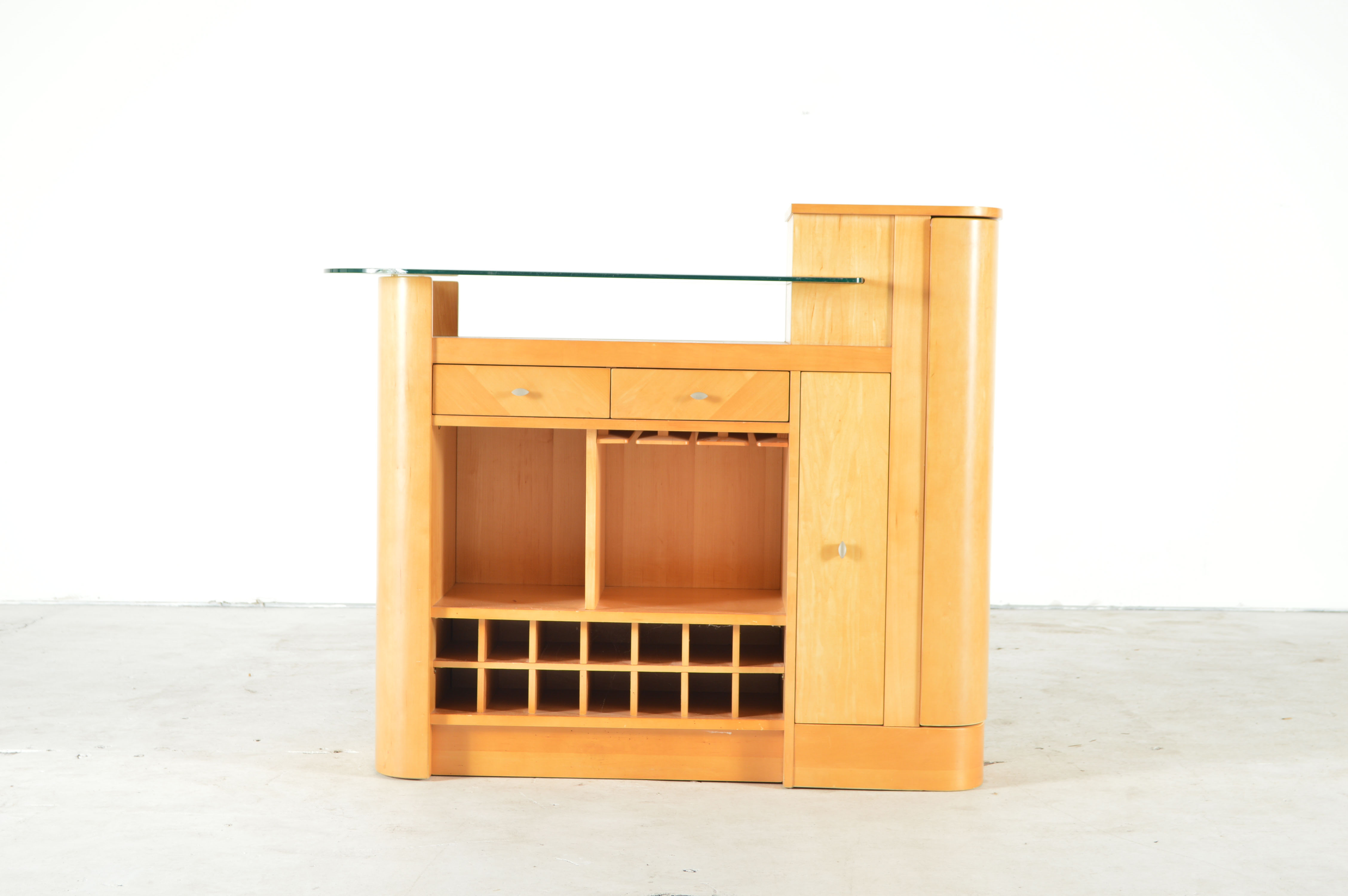 Art Deco Inspired Glass Top Blonde Wood Bar Cabinet