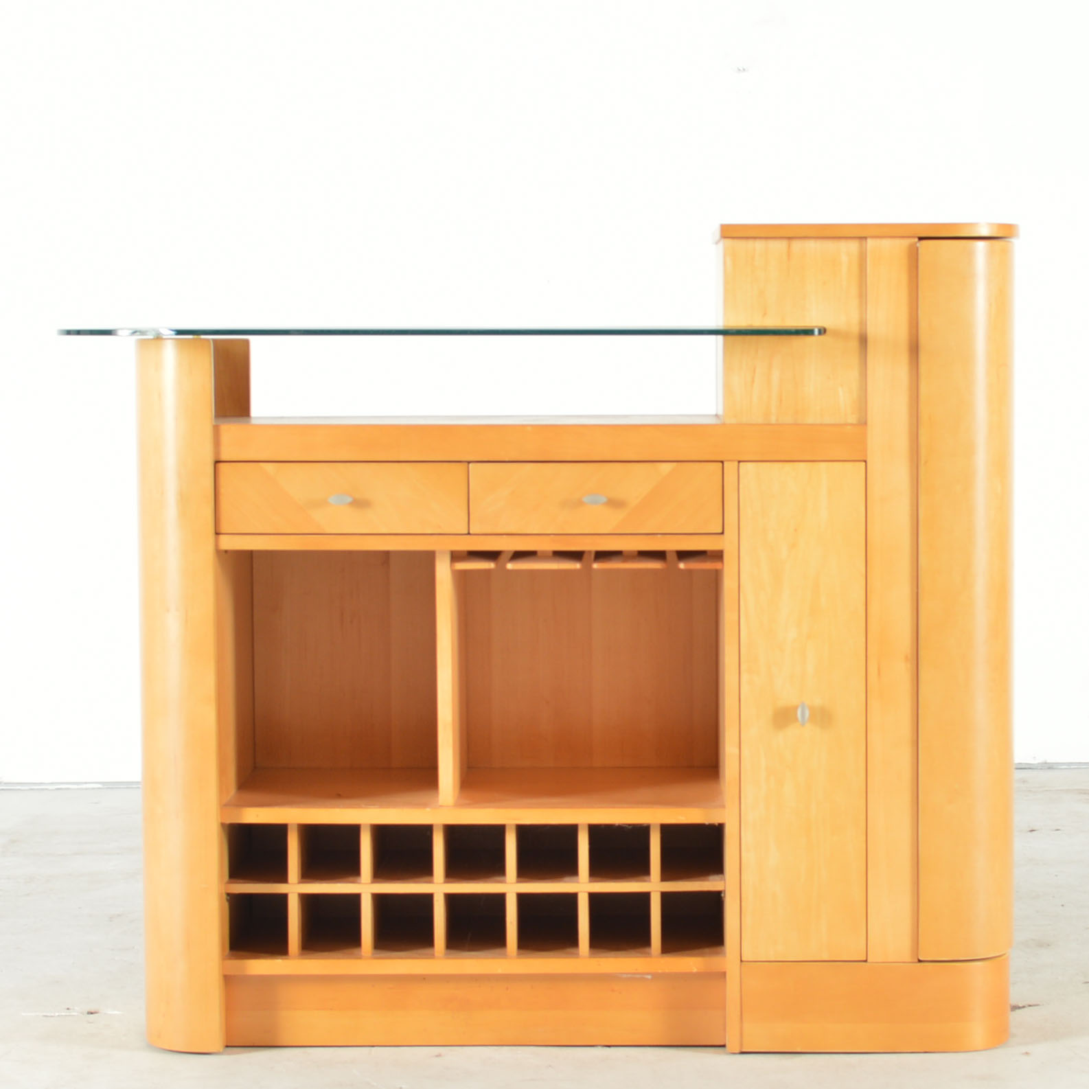 Art Deco Inspired Glass Top Blonde Wood Bar Cabinet