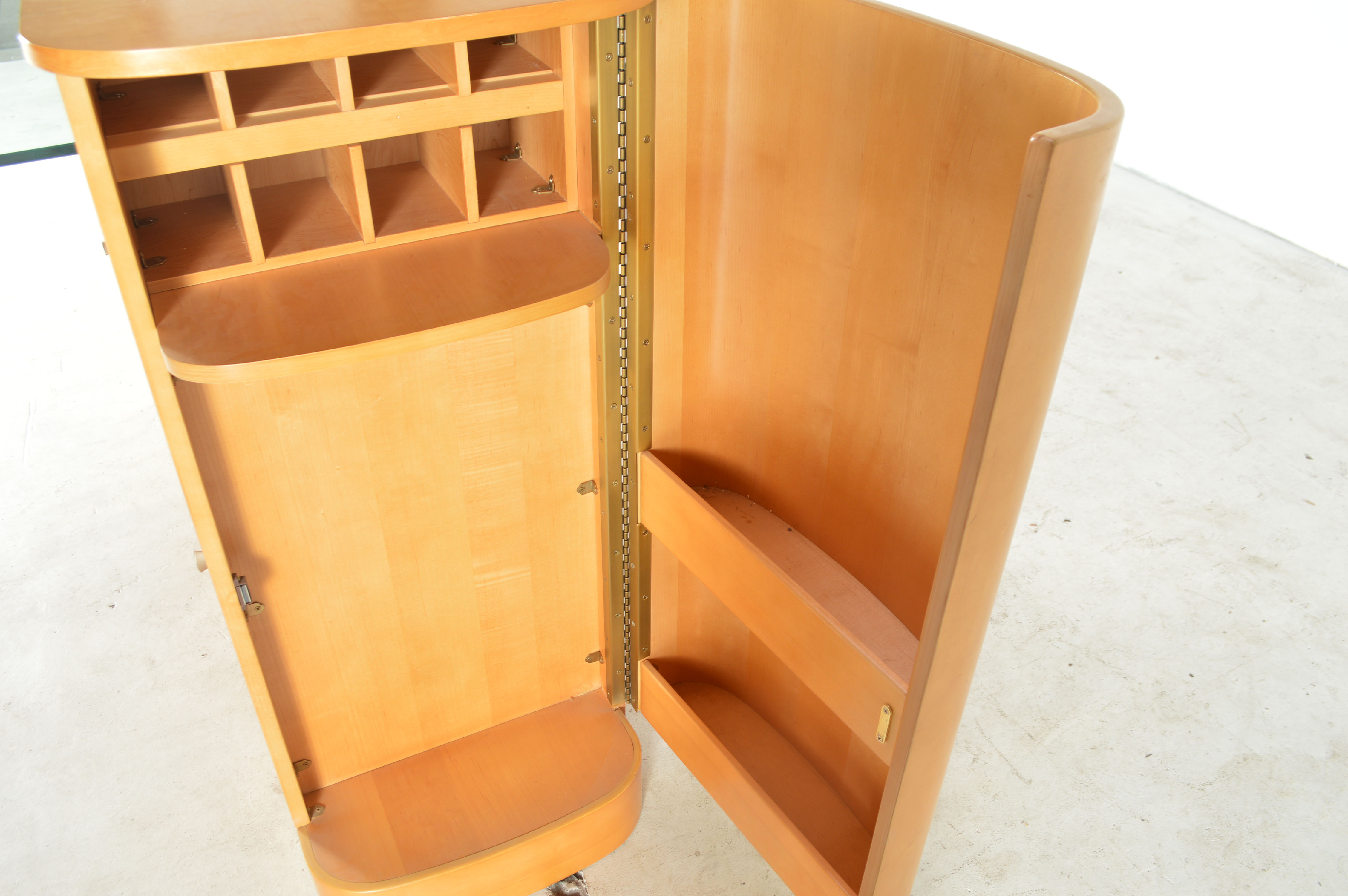 Art Deco Inspired Glass Top Blonde Wood Bar Cabinet