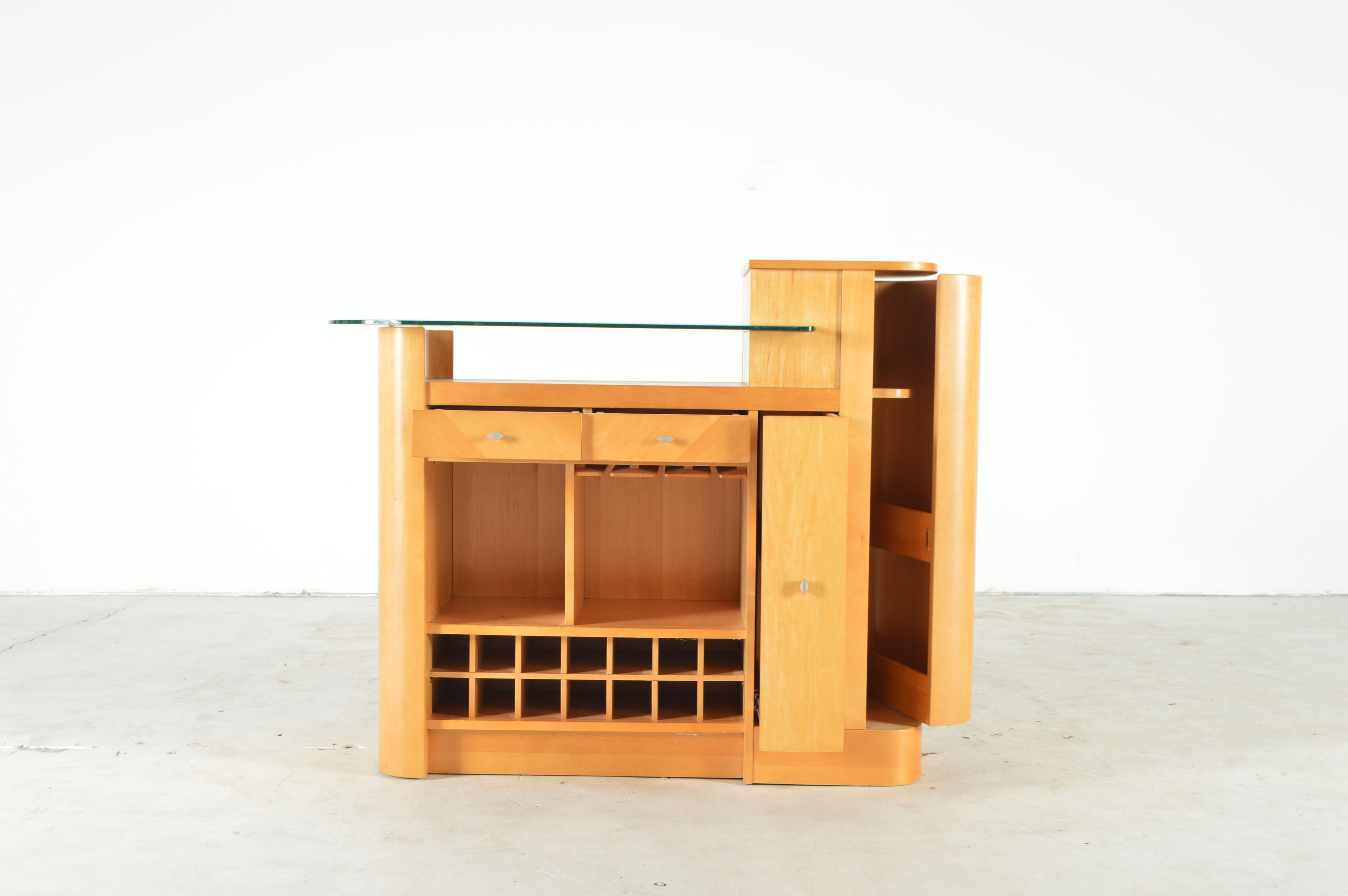 Art Deco Inspired Glass Top Blonde Wood Bar Cabinet