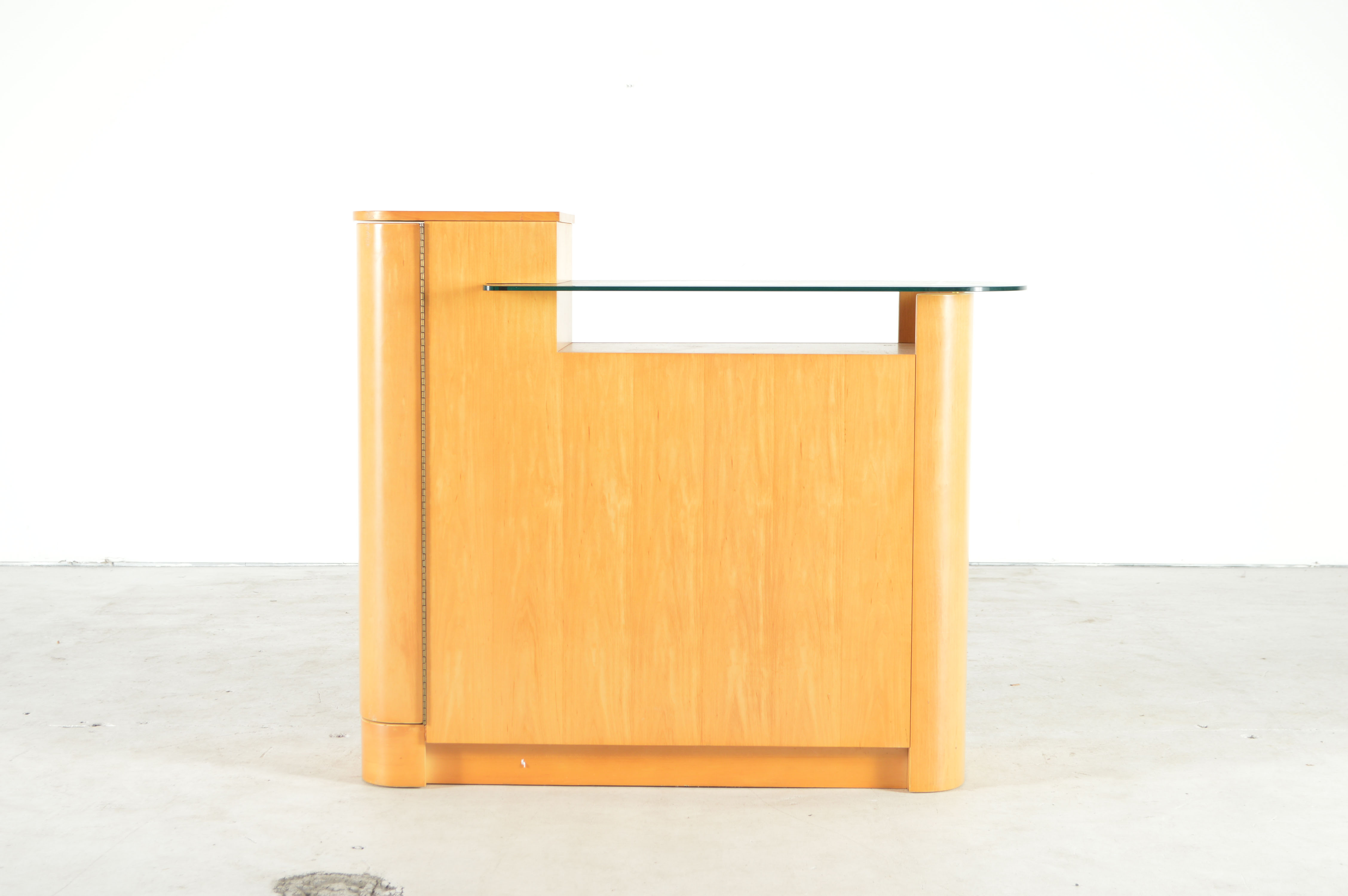 Art Deco Inspired Glass Top Blonde Wood Bar Cabinet
