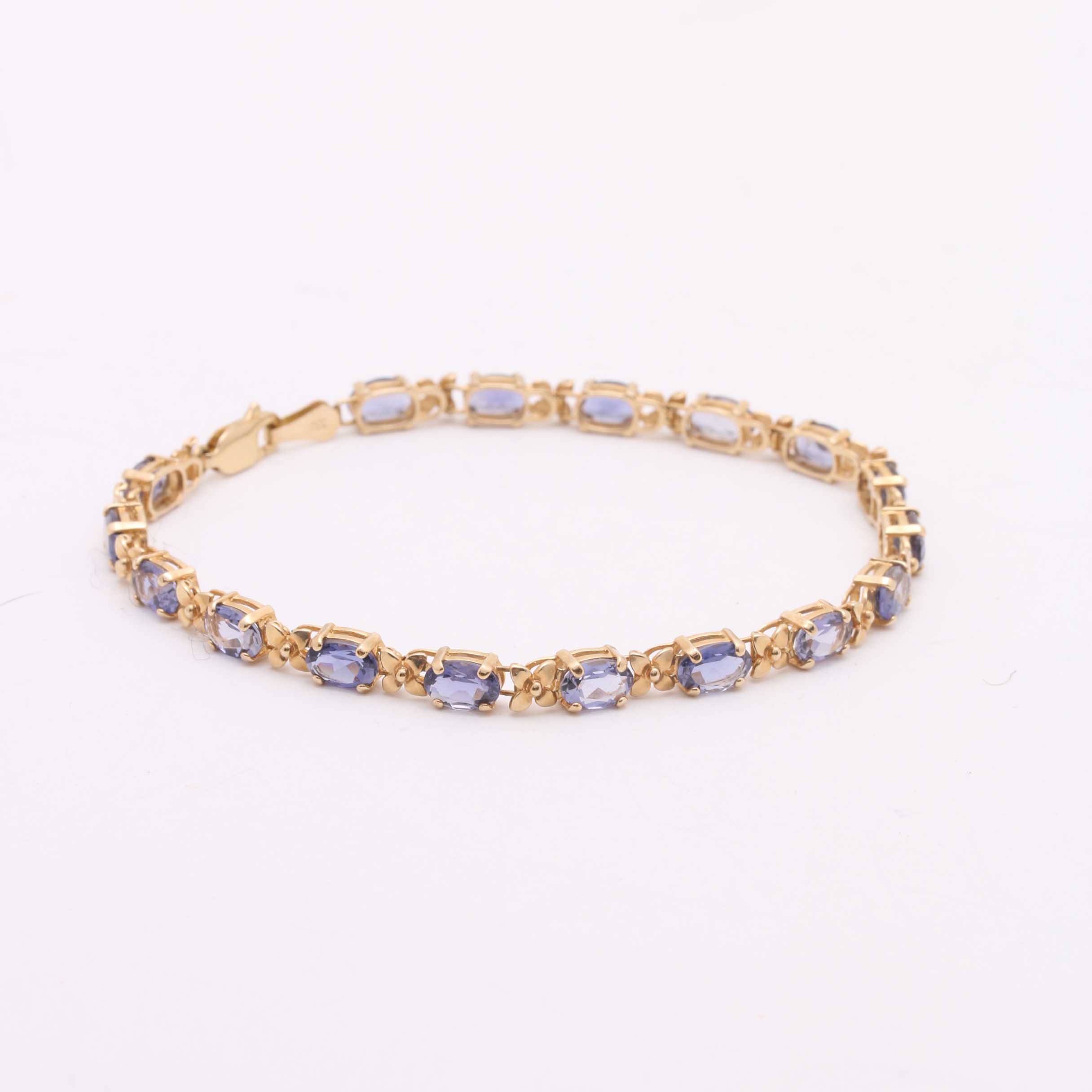 14K Yellow Gold Iolite and Floral Link Bracelet