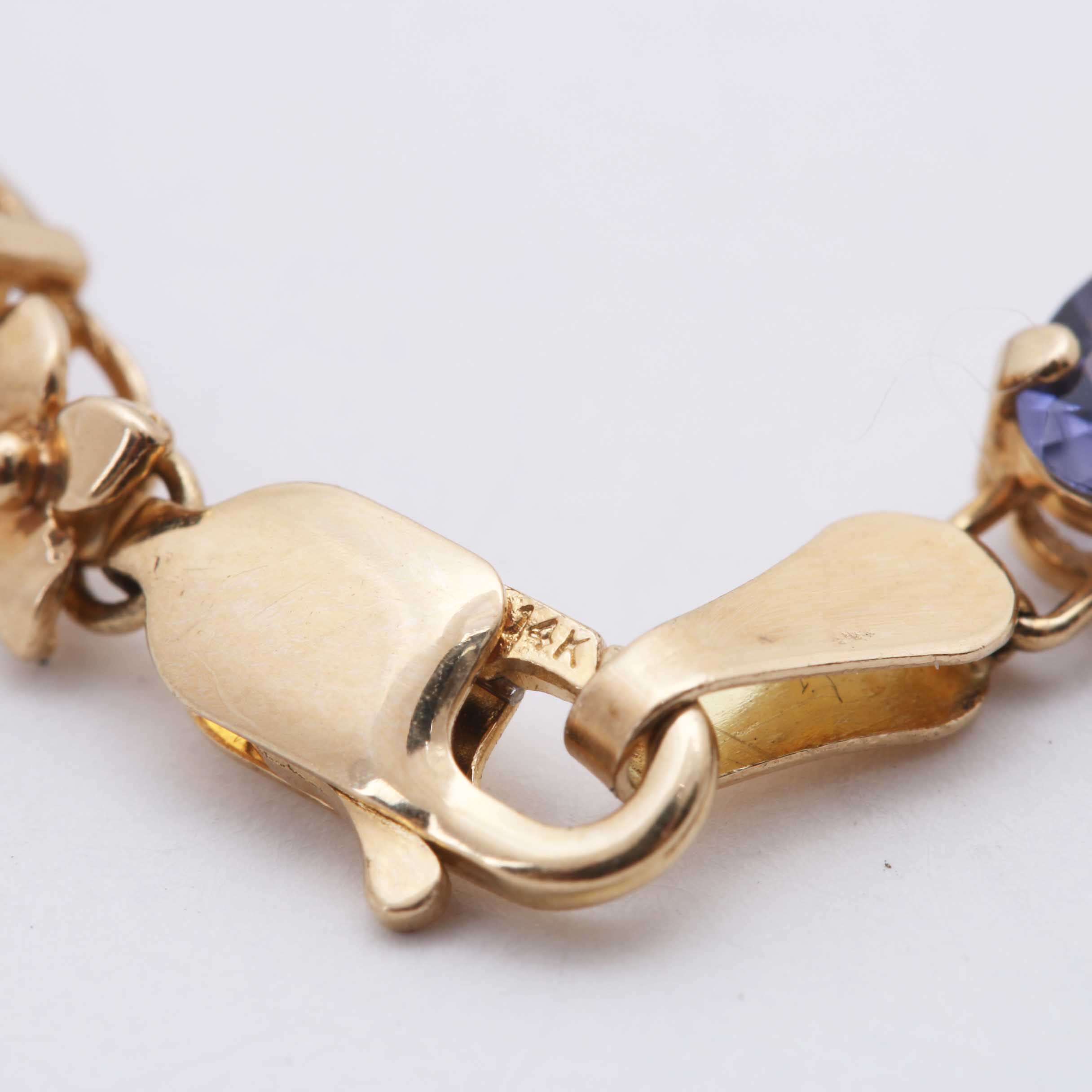 14K Yellow Gold Iolite and Floral Link Bracelet