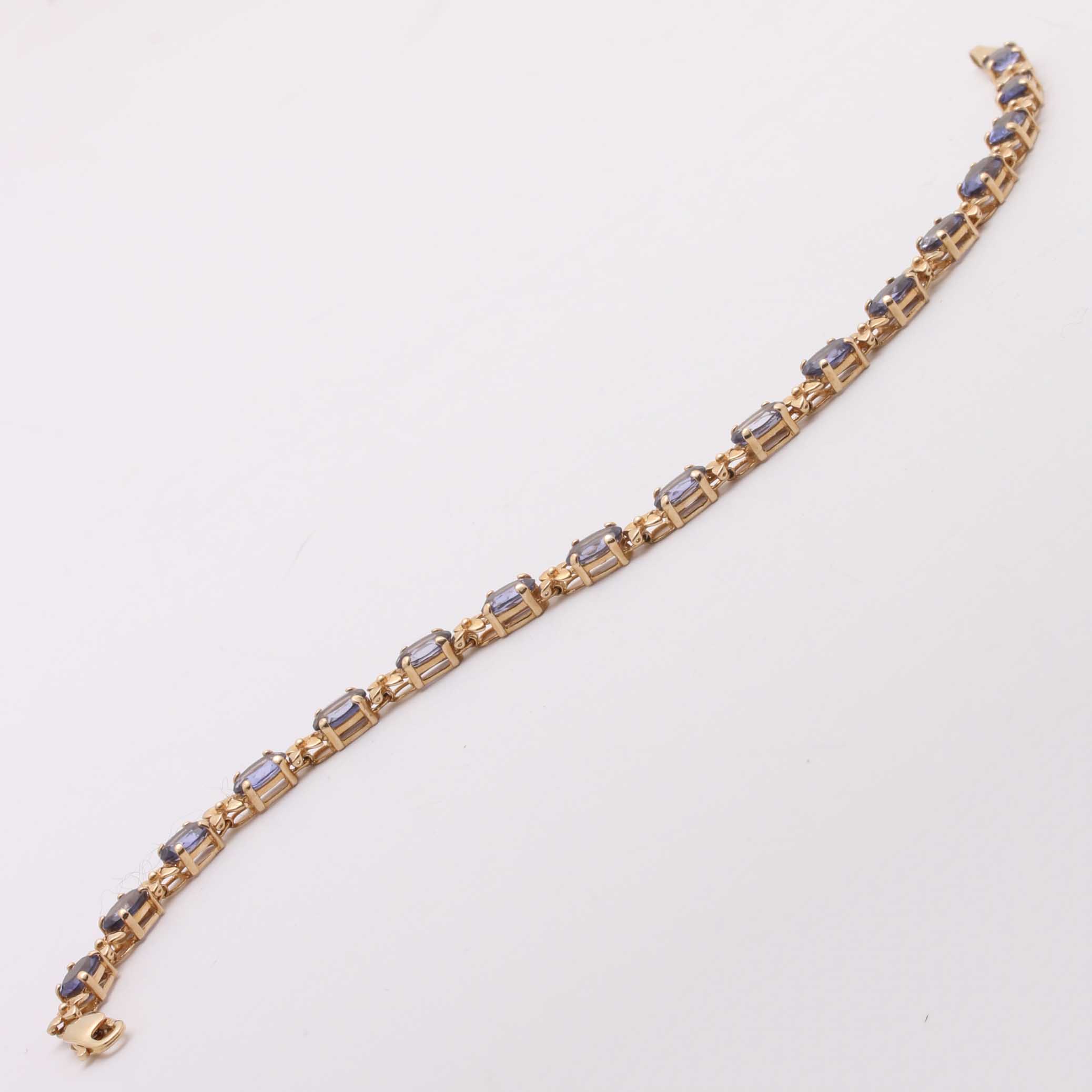 14K Yellow Gold Iolite and Floral Link Bracelet
