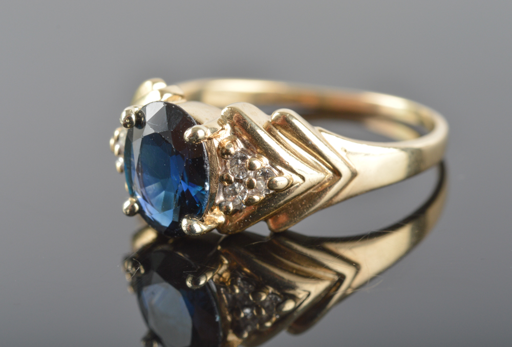 14K Solid Yellow Gold Sapphire and Diamond Ring