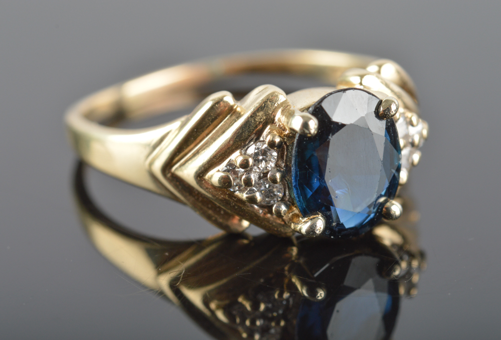 14K Solid Yellow Gold Sapphire and Diamond Ring