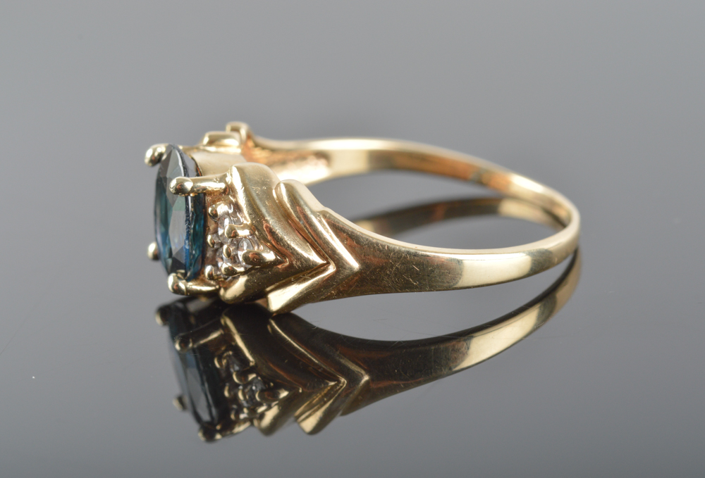 14K Solid Yellow Gold Sapphire and Diamond Ring
