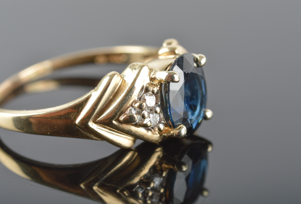 14K Solid Yellow Gold Sapphire and Diamond Ring