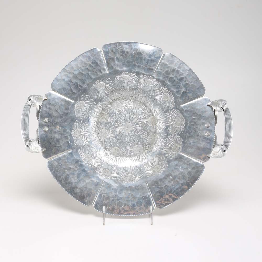 Vintage Hammered Aluminum Tray with Daisies