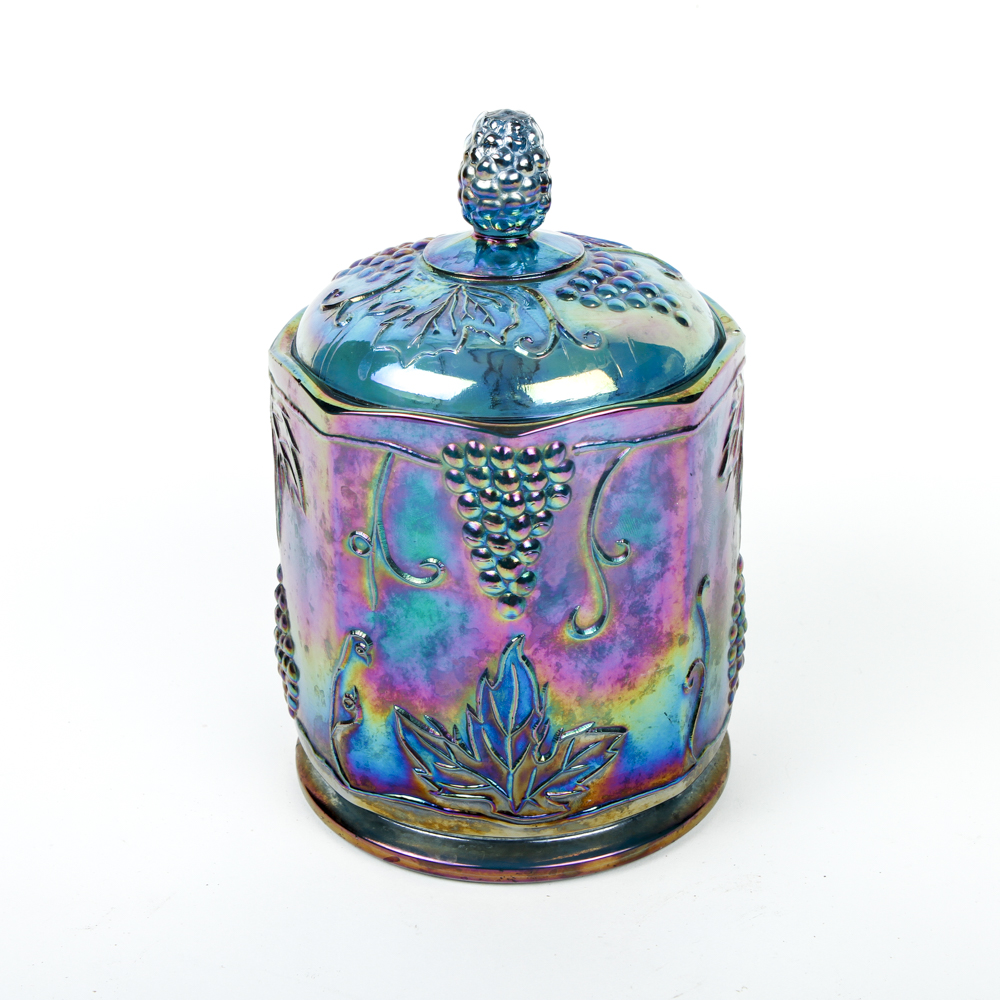 Blue Carnival Glass Lidded Canister