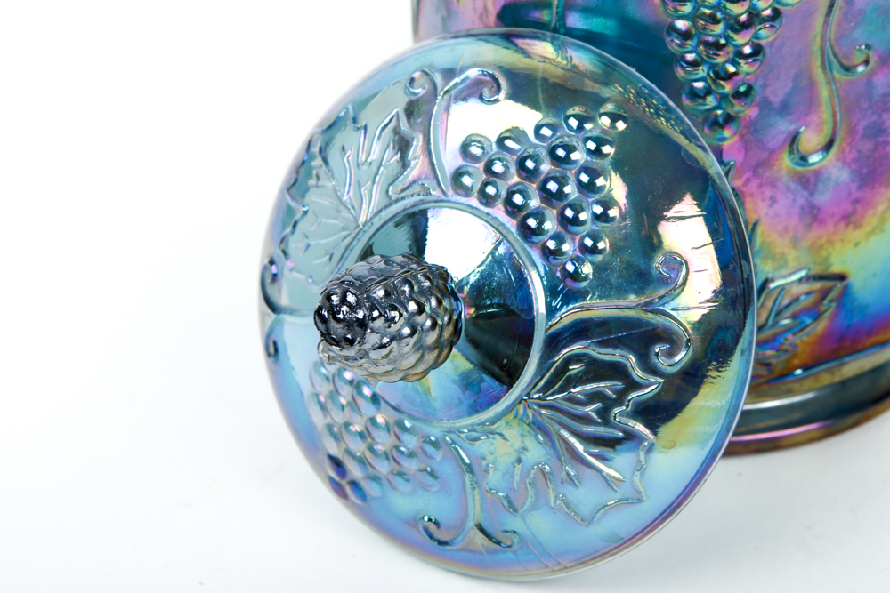 Blue Carnival Glass Lidded Canister