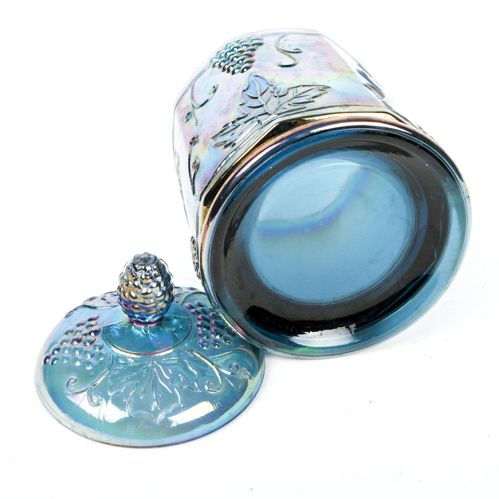 Blue Carnival Glass Lidded Canister