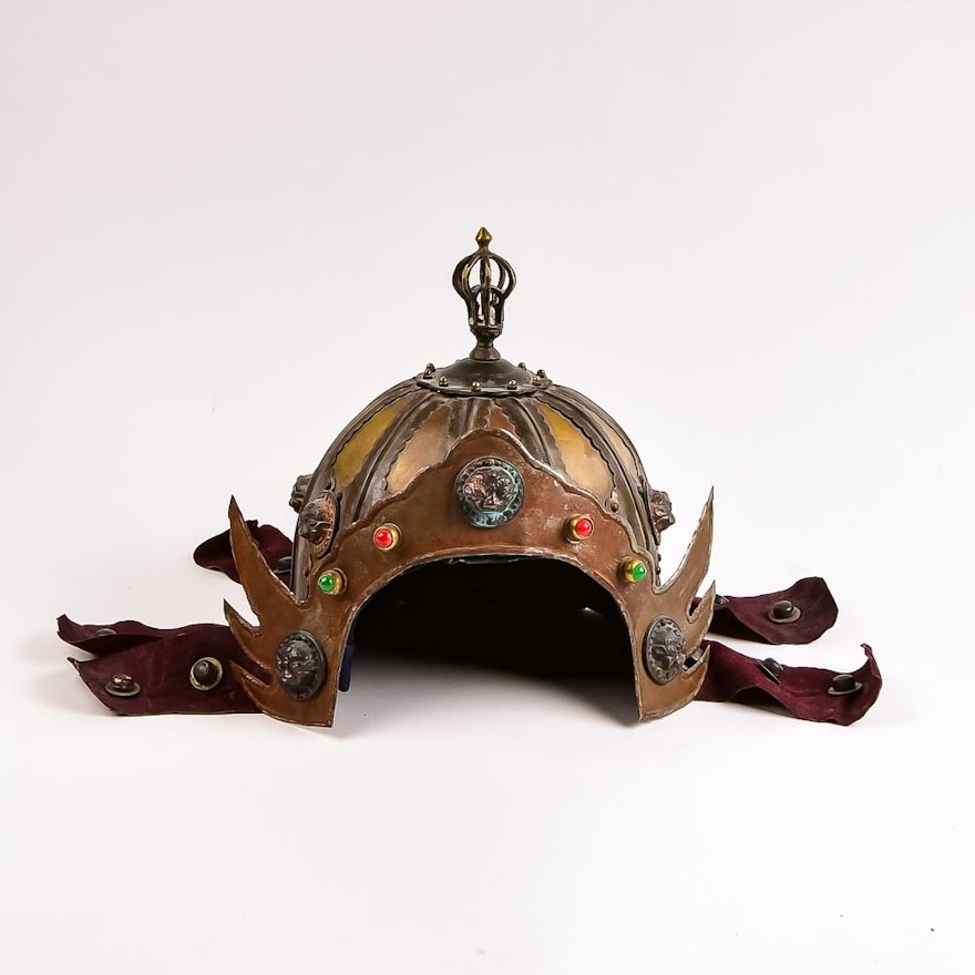 Handcrafted Tibetan Style Jeweled Metal Theatrical Warrior Helmet