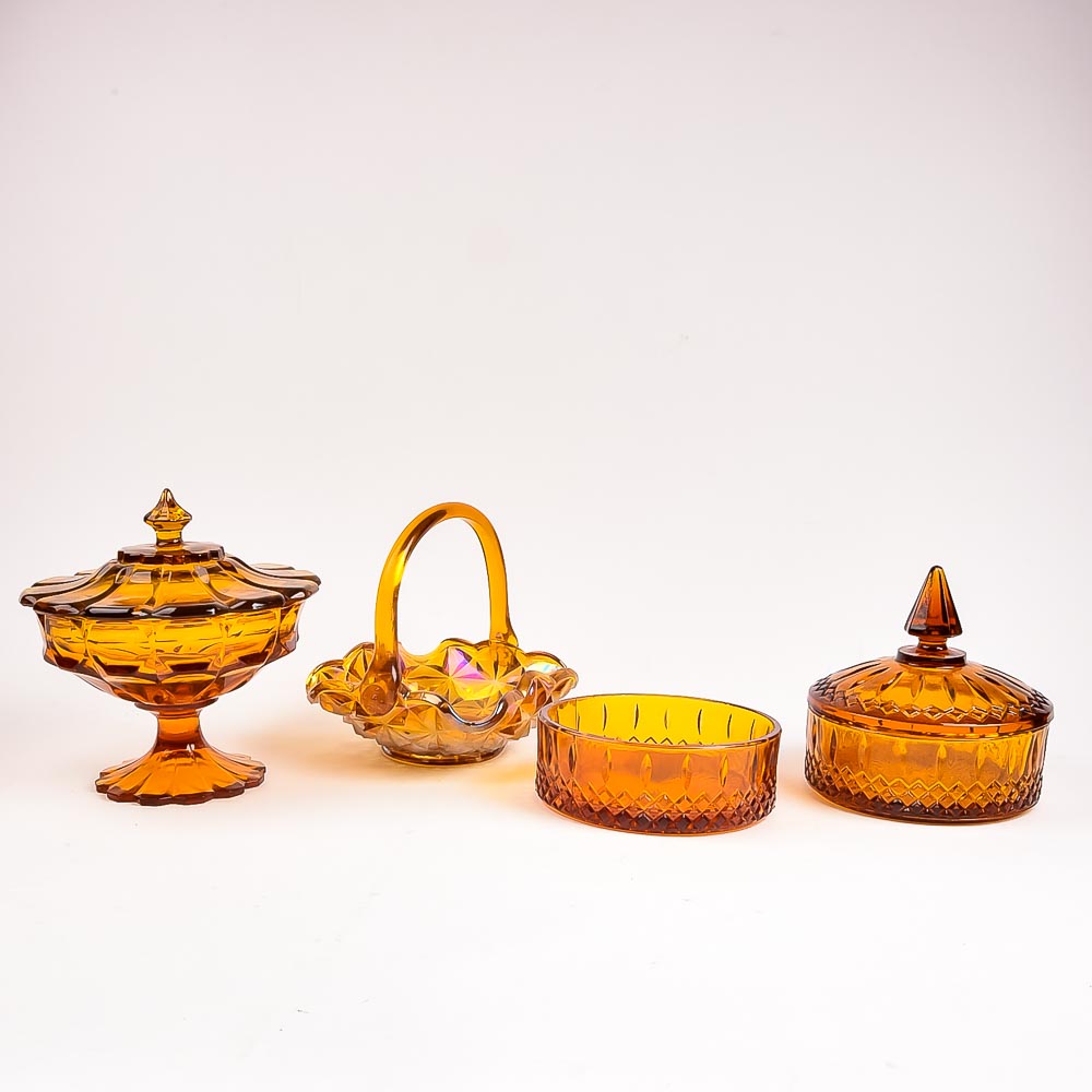 Collection of Amber Colored Pressed Glass Decor