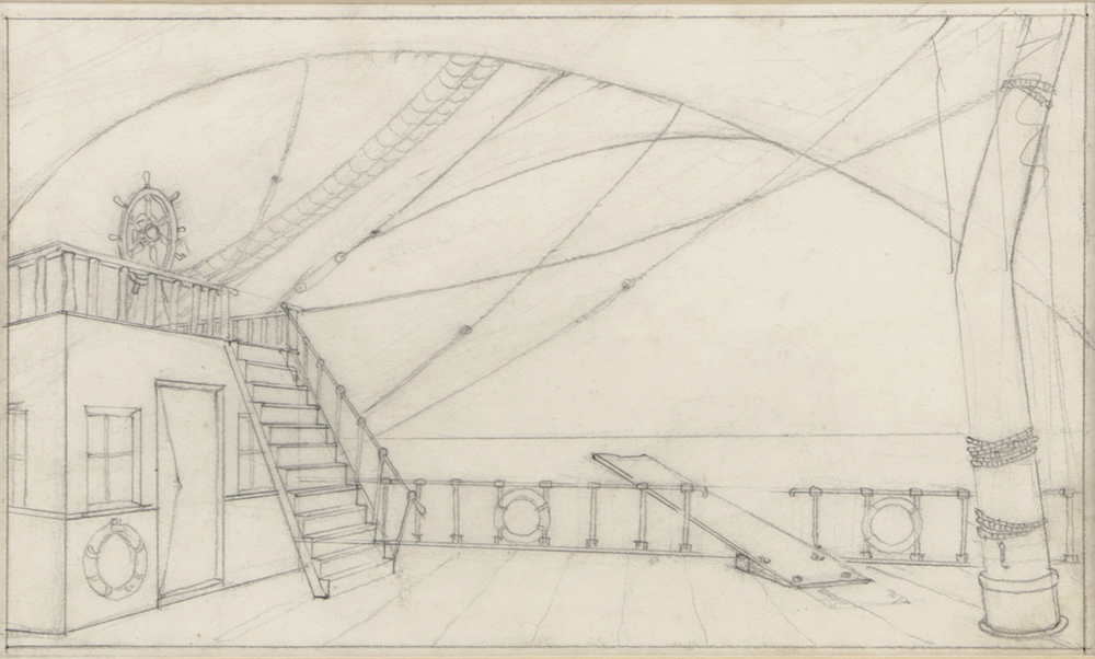 Willy Pogány Graphite Drawing on Paper "Stage Setting / Pirate Ship"