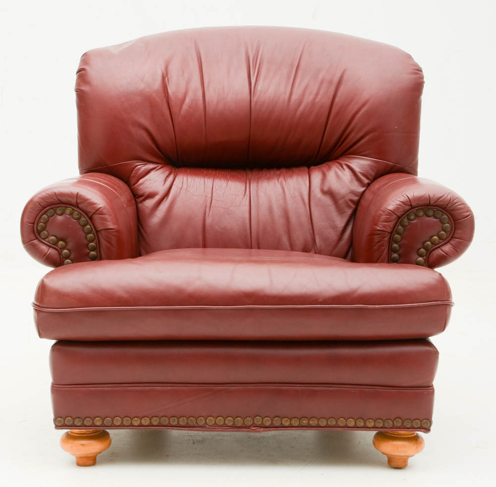 Burgundy Leather Armchair with Ottoman