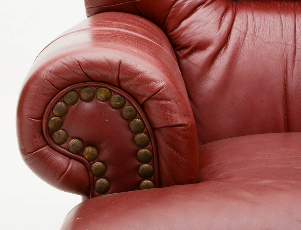 Burgundy Leather Armchair with Ottoman