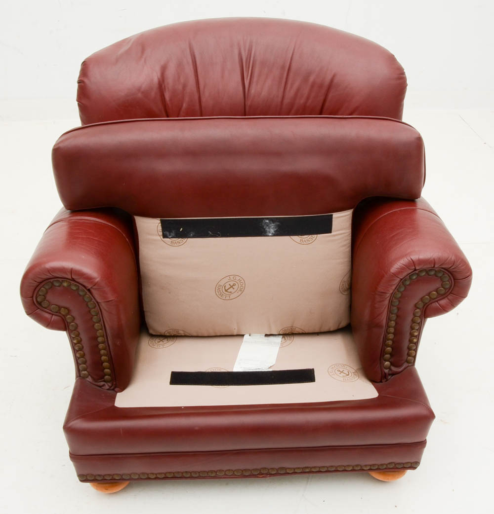 Burgundy Leather Armchair with Ottoman