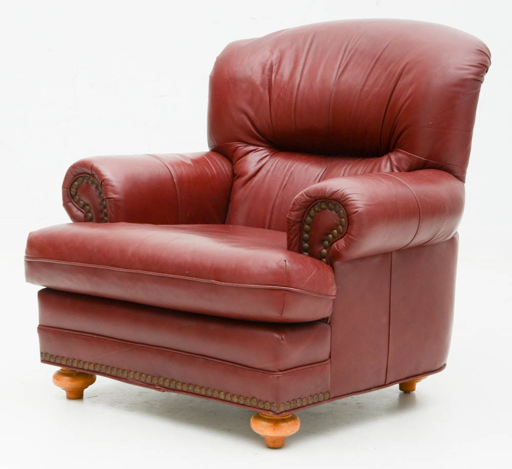 Burgundy Leather Armchair with Ottoman