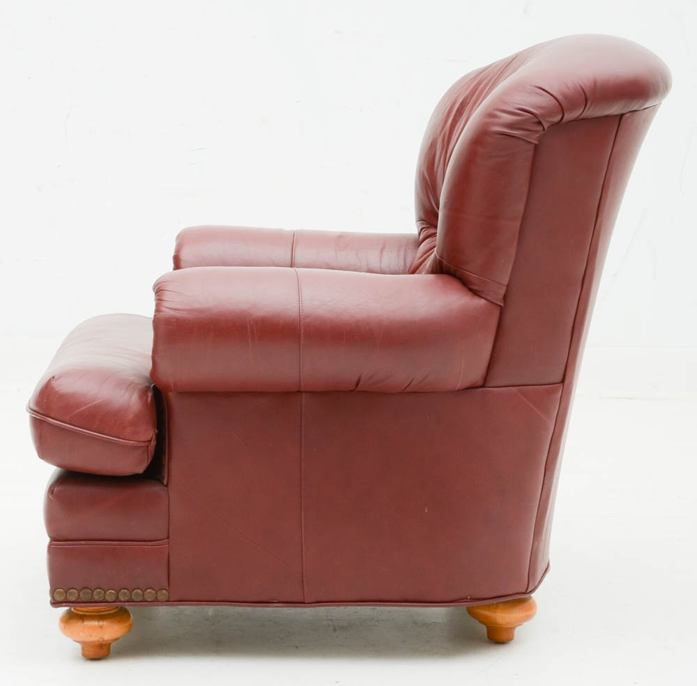 Burgundy Leather Armchair with Ottoman