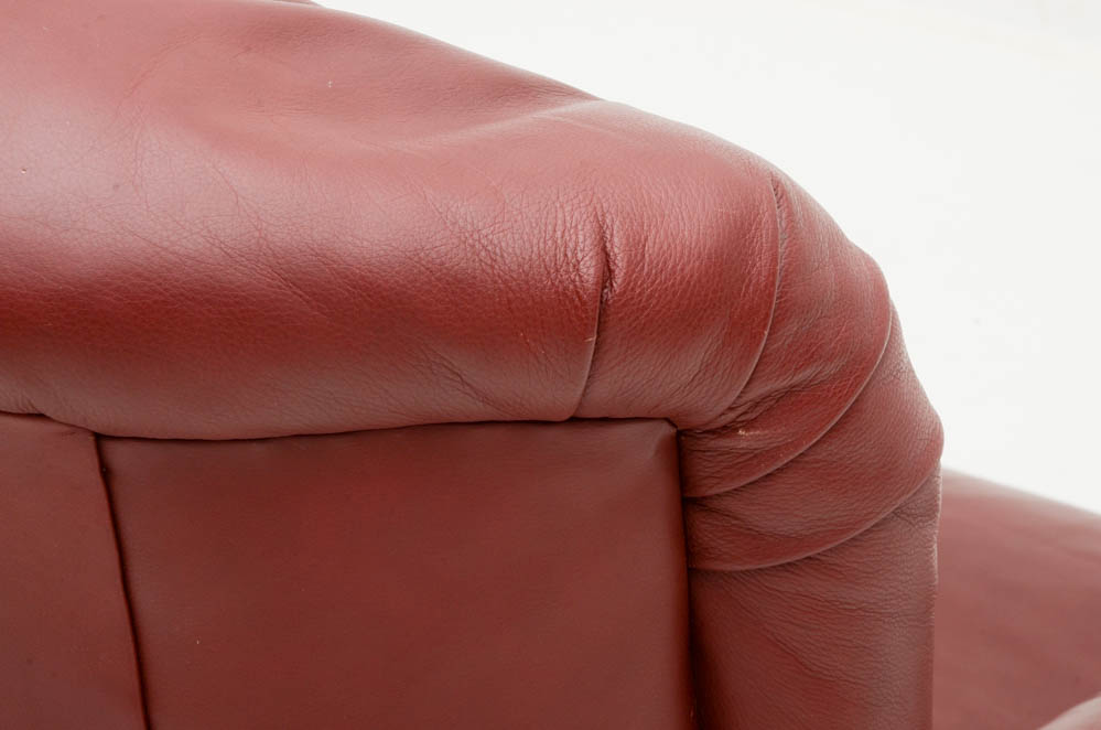 Burgundy Leather Armchair with Ottoman