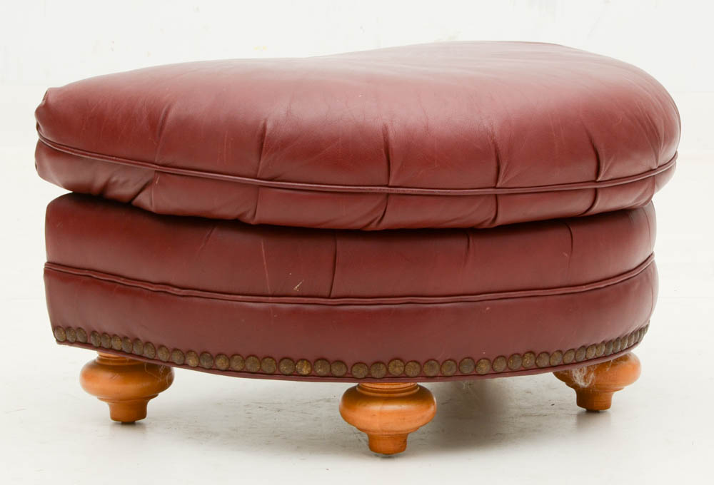 Burgundy Leather Armchair with Ottoman