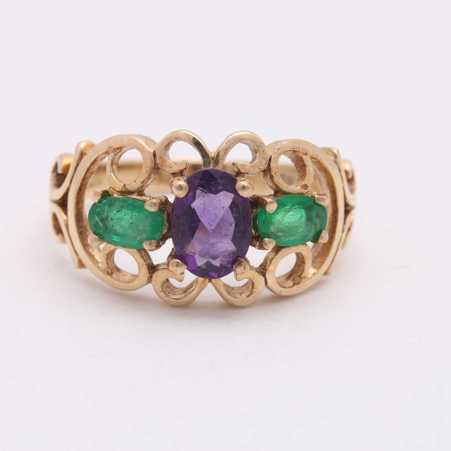 10K Yellow Gold Amethyst and Emerald Openwork Ring