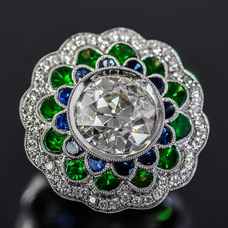 18K White Gold, 4.56 CTW Diamond, Sapphire, and Tourmaline Ring