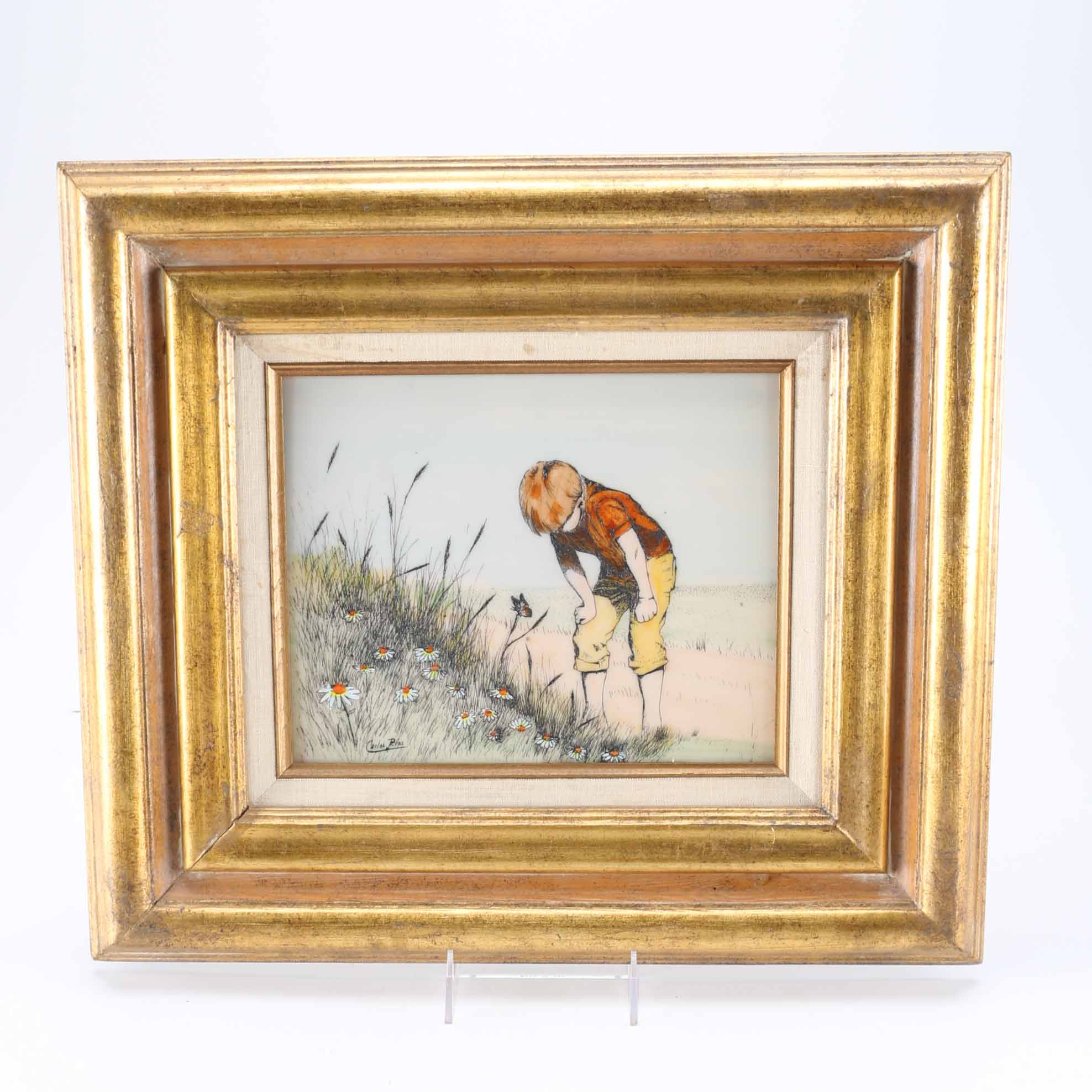 Carlos Rios Painting on Glass of Boy Over Flowers