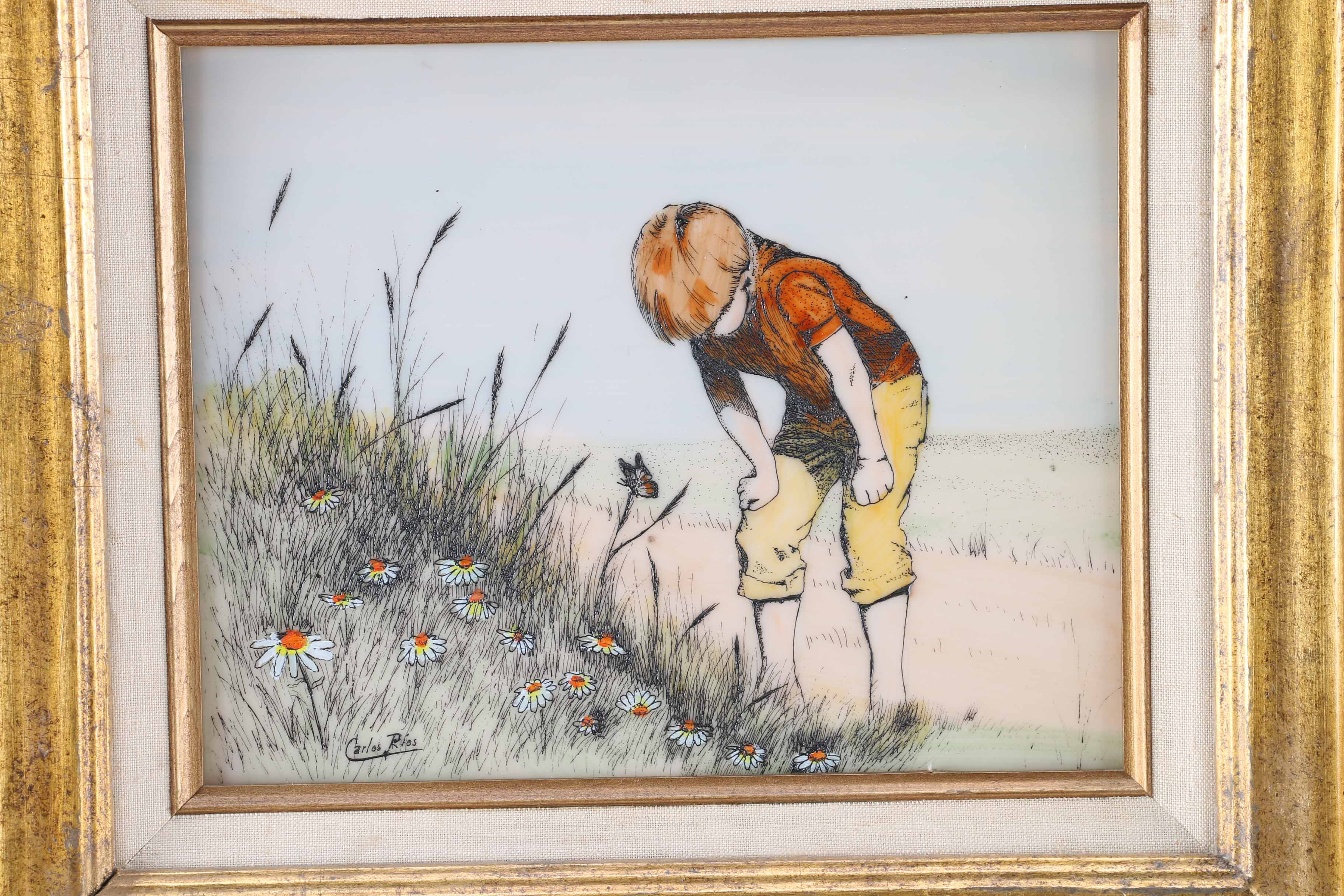 Carlos Rios Painting on Glass of Boy Over Flowers