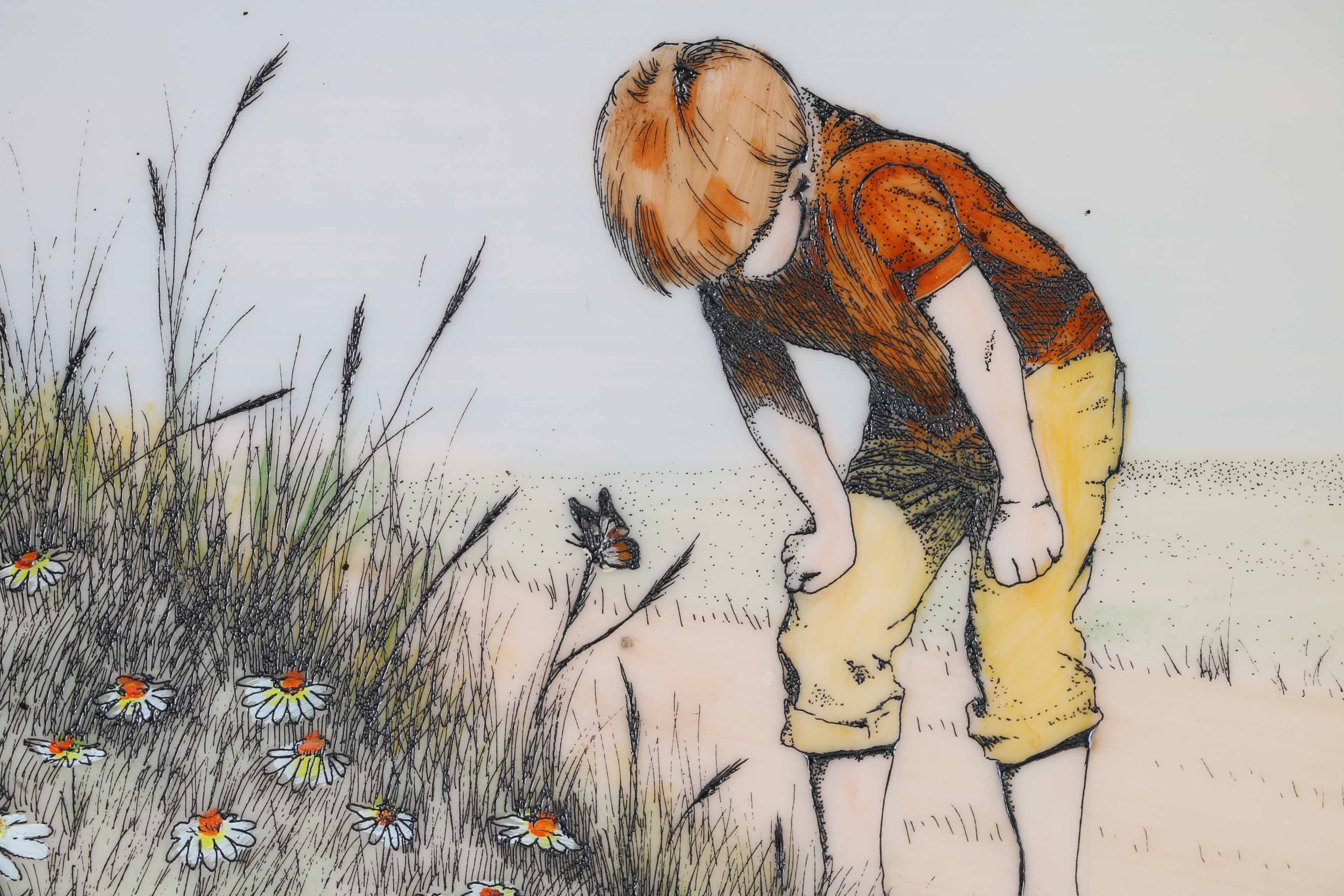 Carlos Rios Painting on Glass of Boy Over Flowers