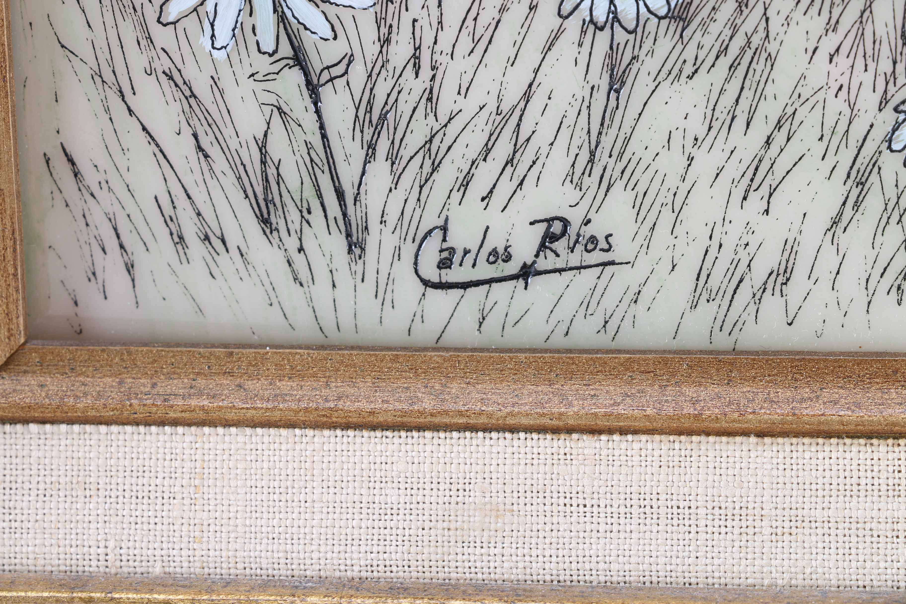 Carlos Rios Painting on Glass of Boy Over Flowers