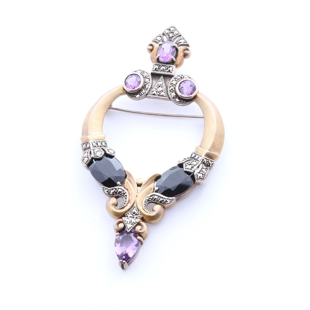 Vintage Sterling Silver Amethyst Brooch and Necklace