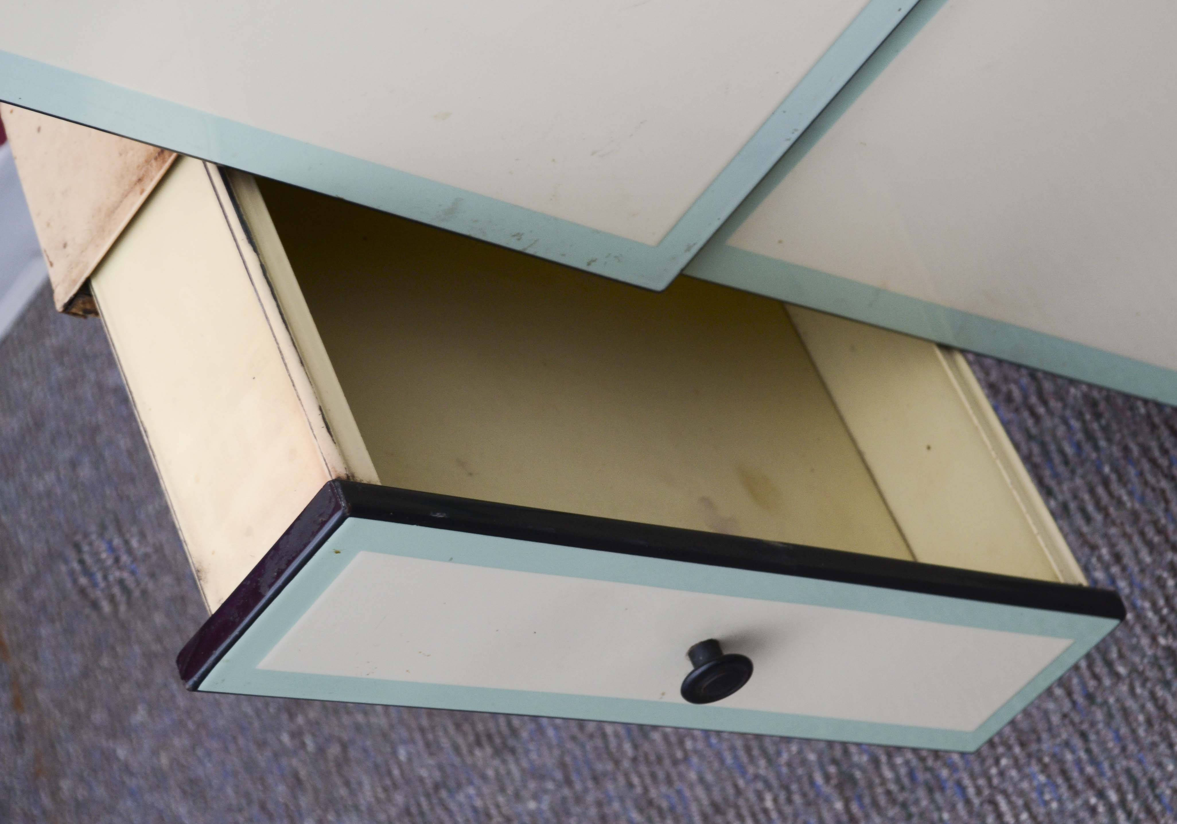 1930s Green and Cream Enamel Kitchen Cabinet and Drawer