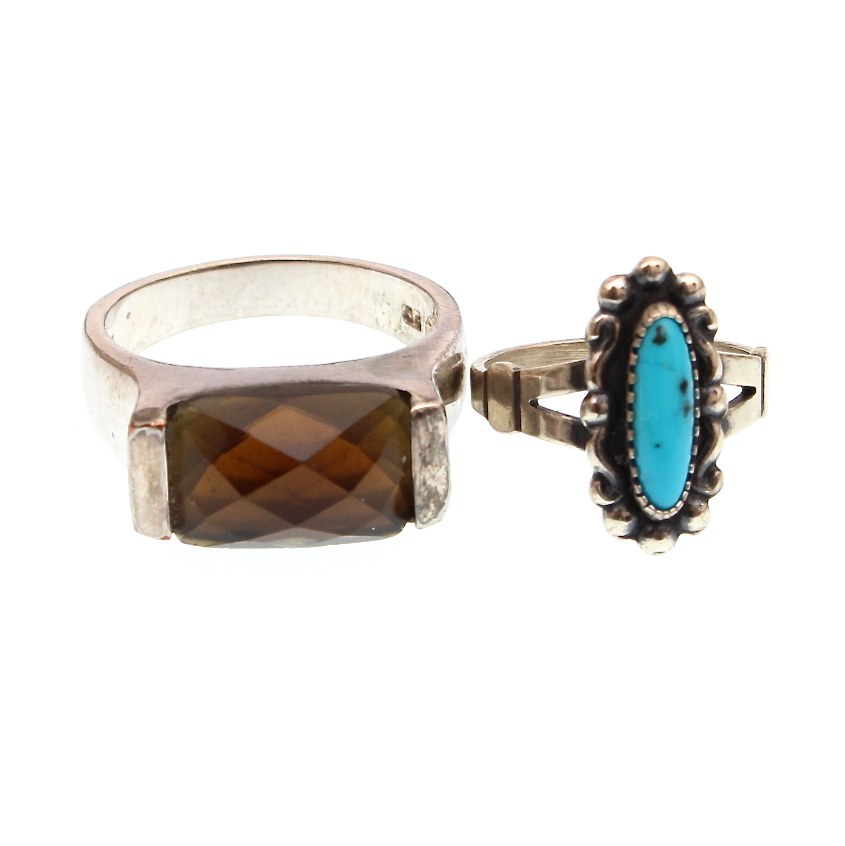 Sterling Silver Smokey Quartz and Turquoise Rings