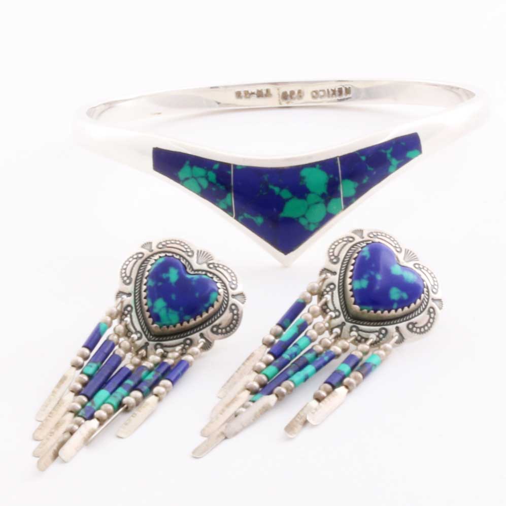 Sterling Silver and Azurmalachite Bracelet and Earring Set