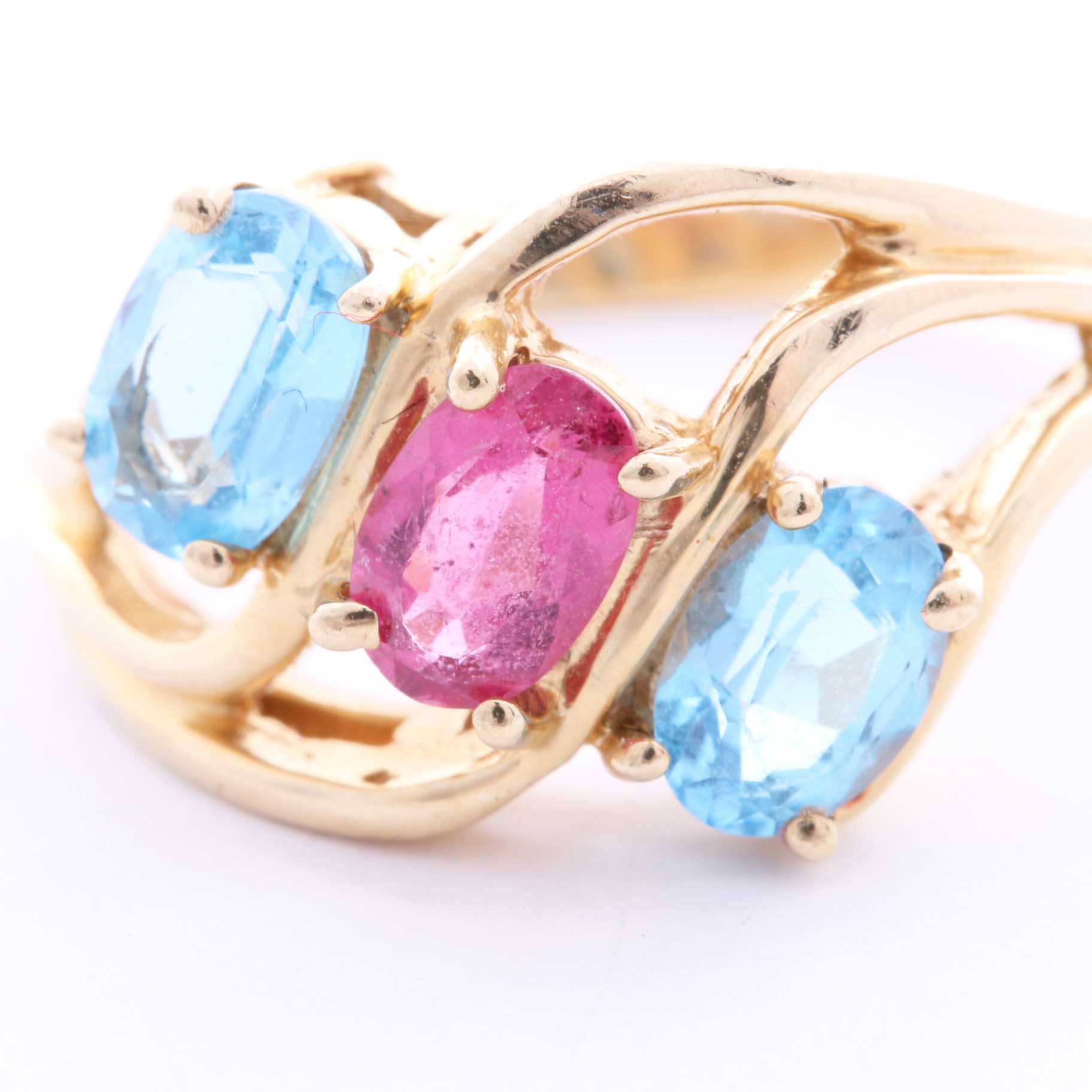 10K Yellow Gold Pink Tourmaline and Blue Topaz Ring