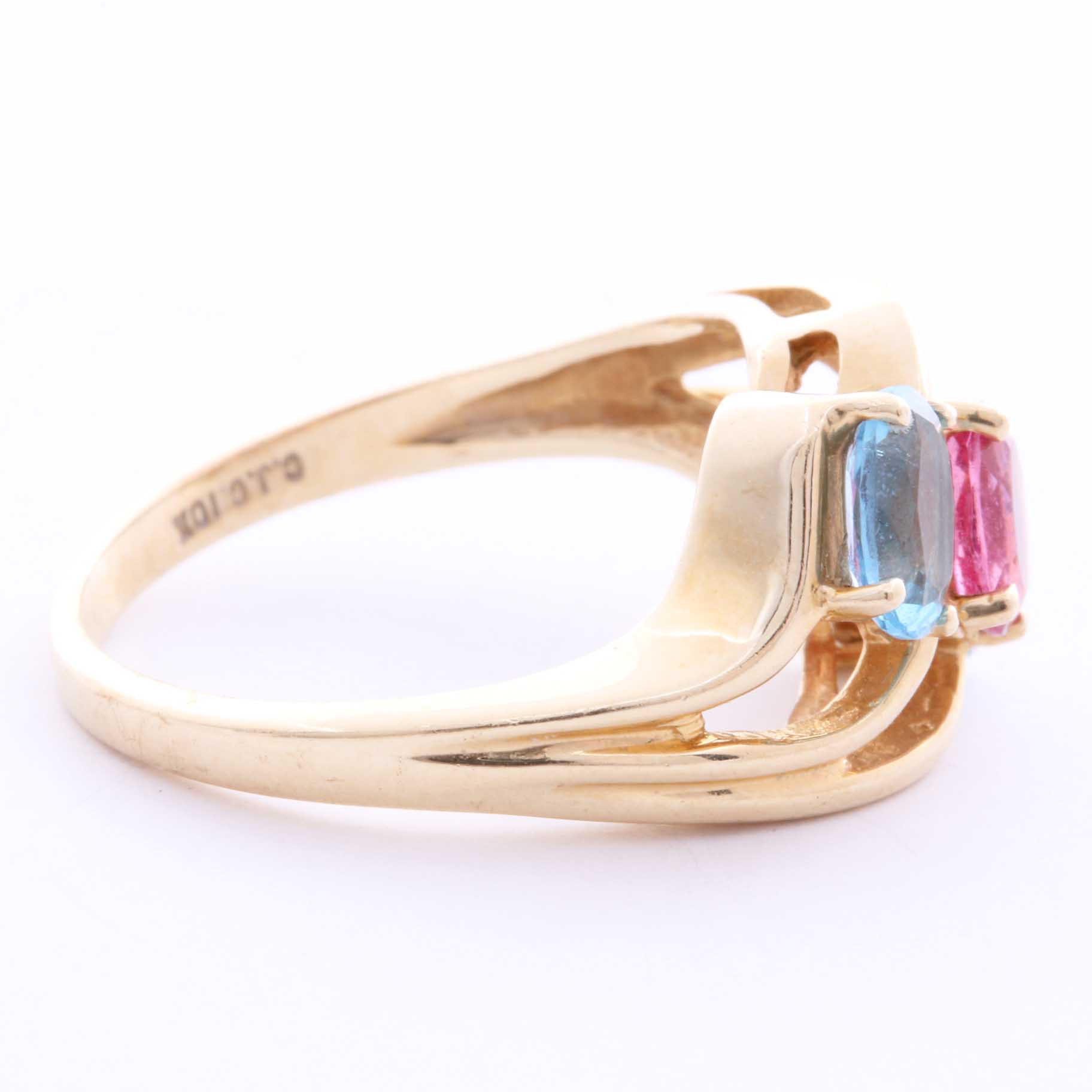 10K Yellow Gold Pink Tourmaline and Blue Topaz Ring