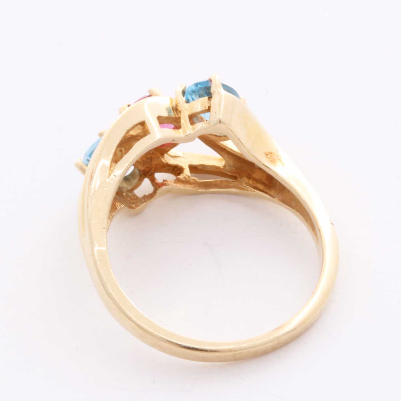 10K Yellow Gold Pink Tourmaline and Blue Topaz Ring