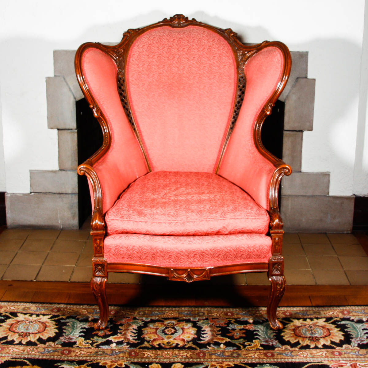 Antique Carved Wingback Mauve Arm Chair