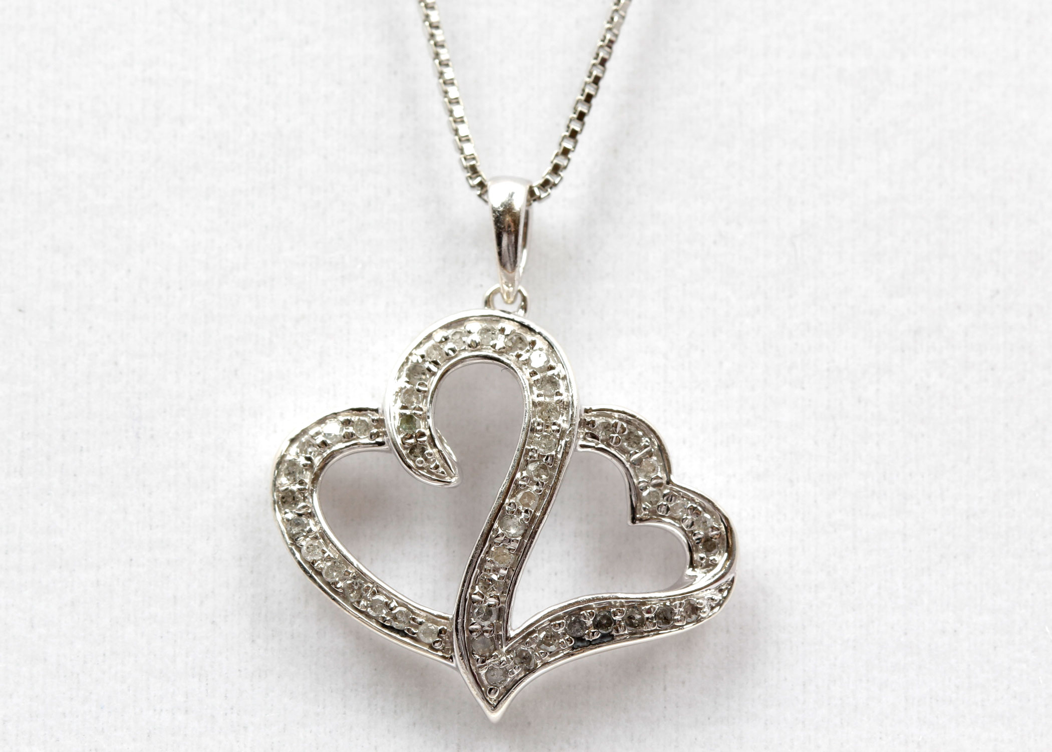 Sterling Silver Diamond Double Heart Pendant Necklace