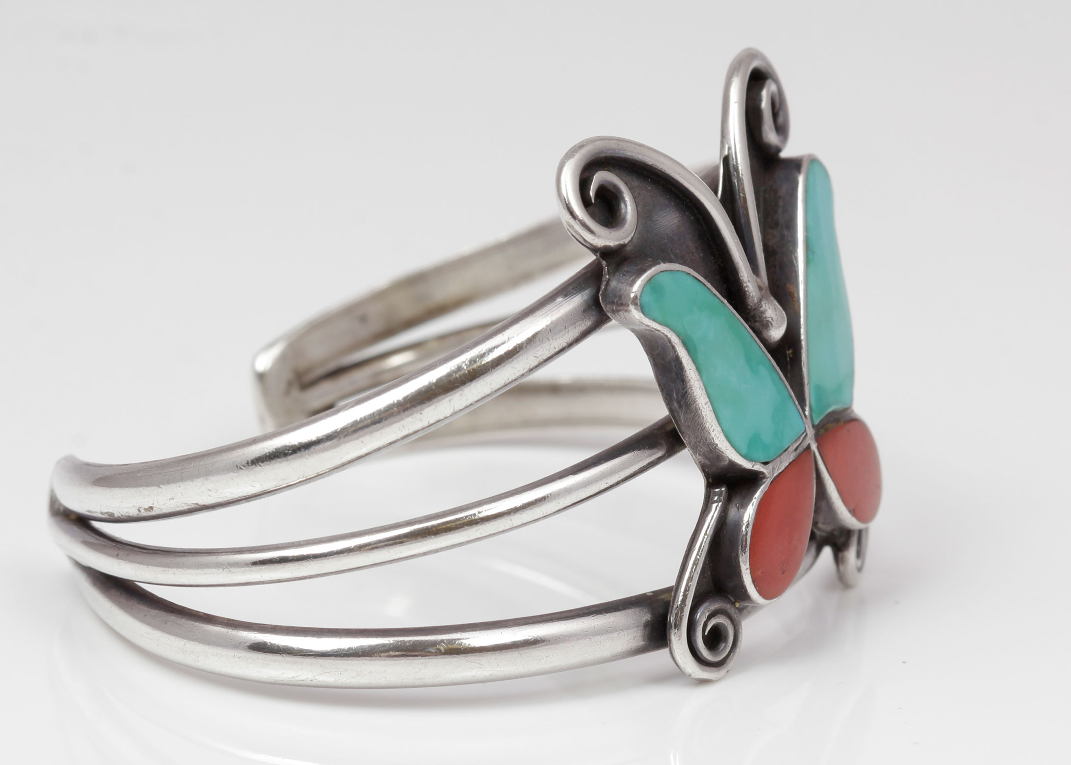 Sterling Silver Turquoise and Coral Butterfly Cuff