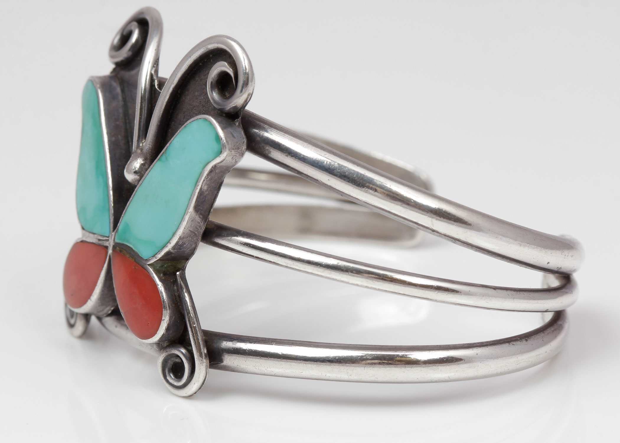 Sterling Silver Turquoise and Coral Butterfly Cuff