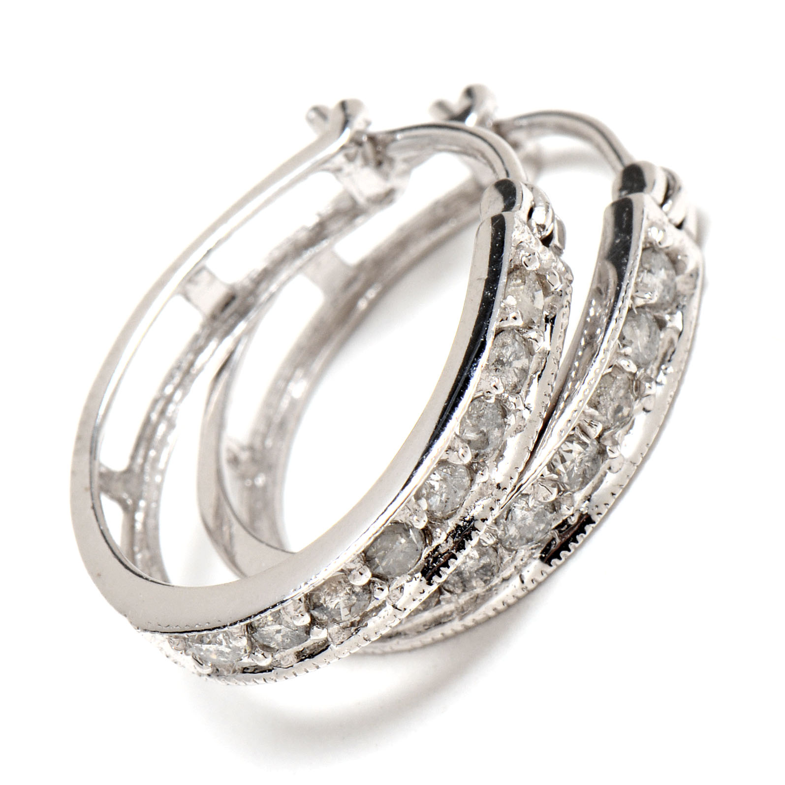 Pair of 10K White Gold Diamond Hoop Earrings