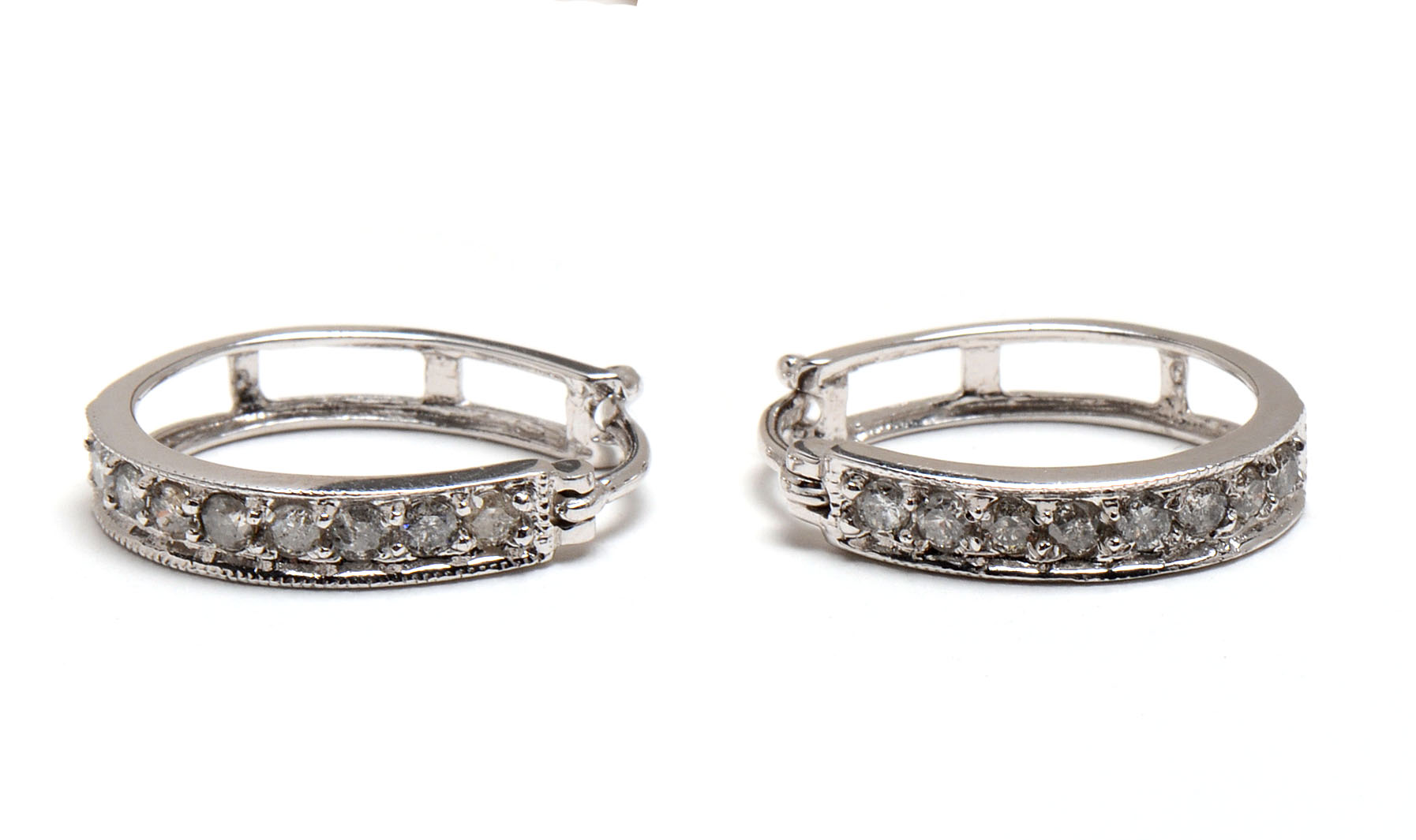 Pair of 10K White Gold Diamond Hoop Earrings