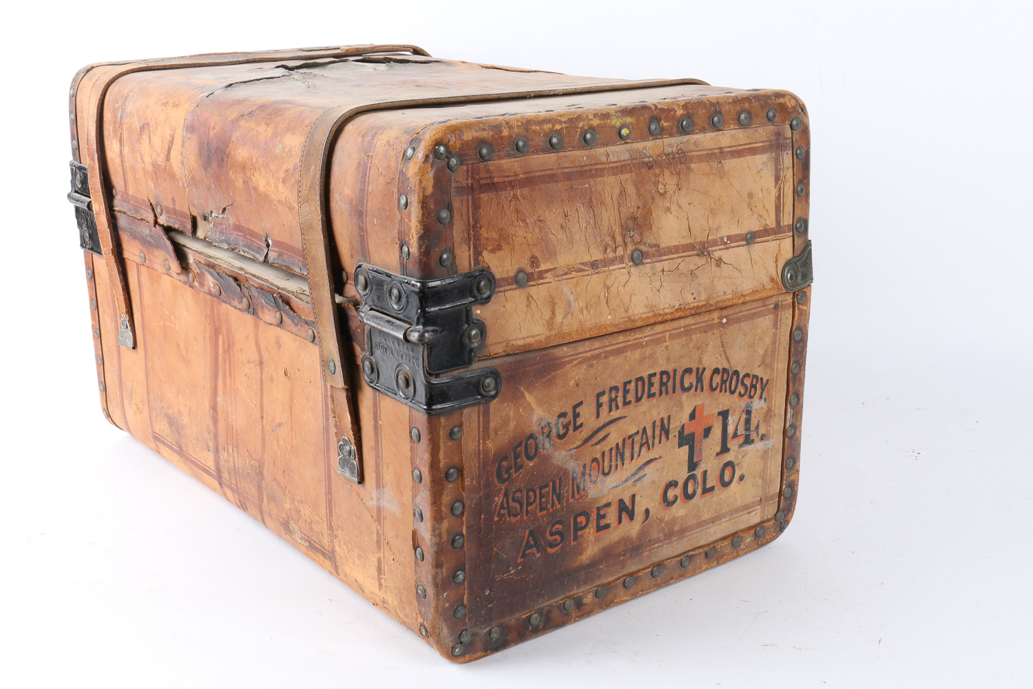 Antique "Aspen Mountain" Leather and Wood Suitcase