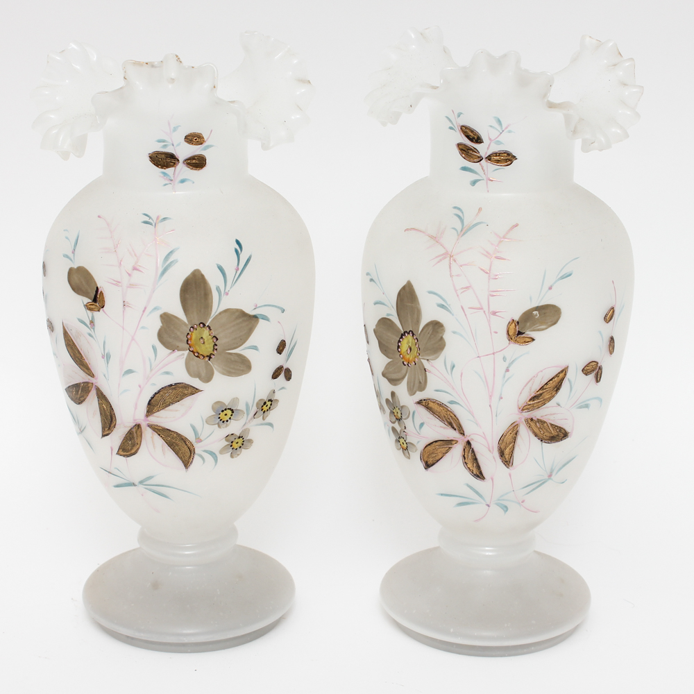 Pair of Hand Painted Vintage Crimped Ruffle Vases