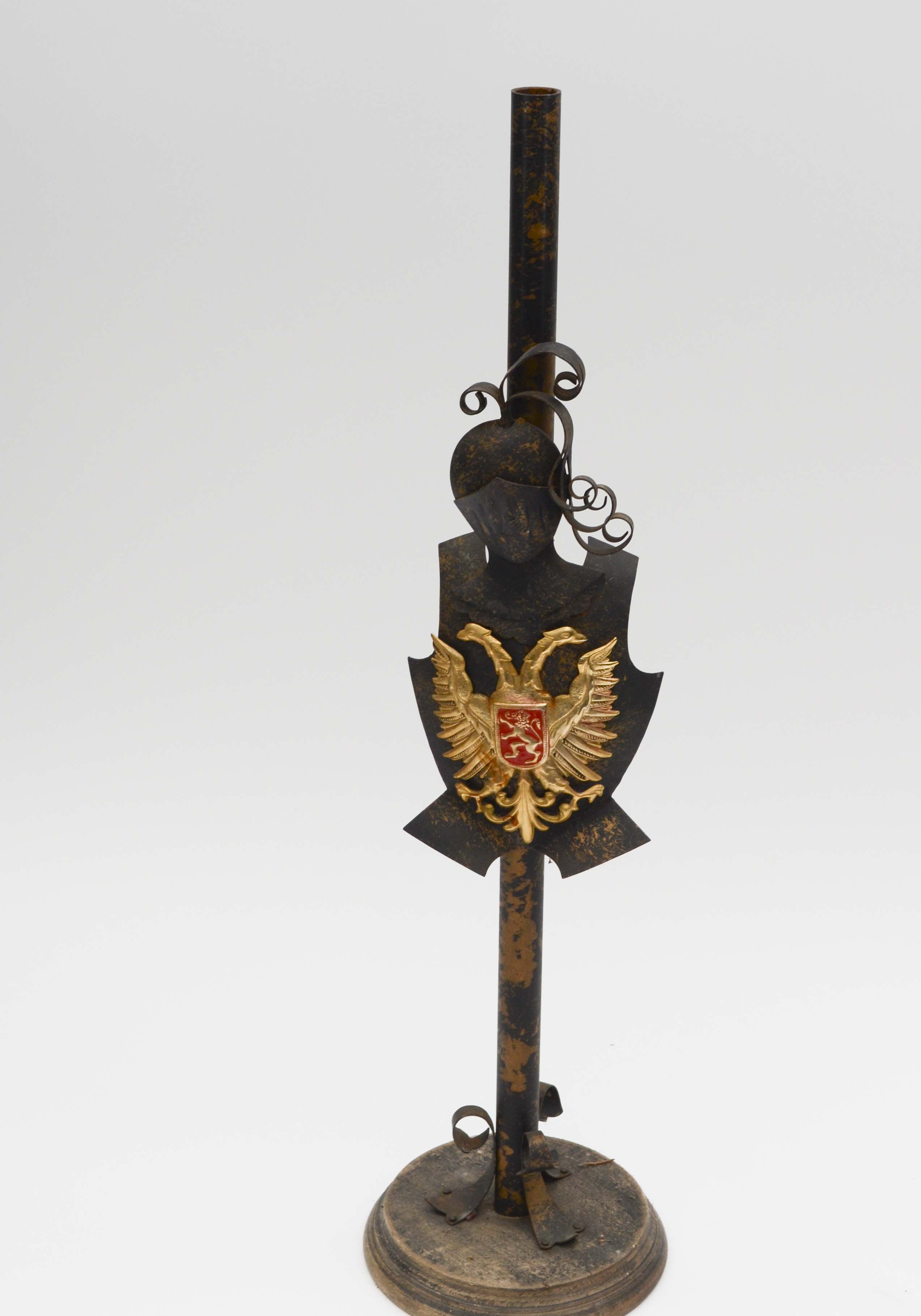 Pair of Metal Candlestick Holders with Coat of Arms Design